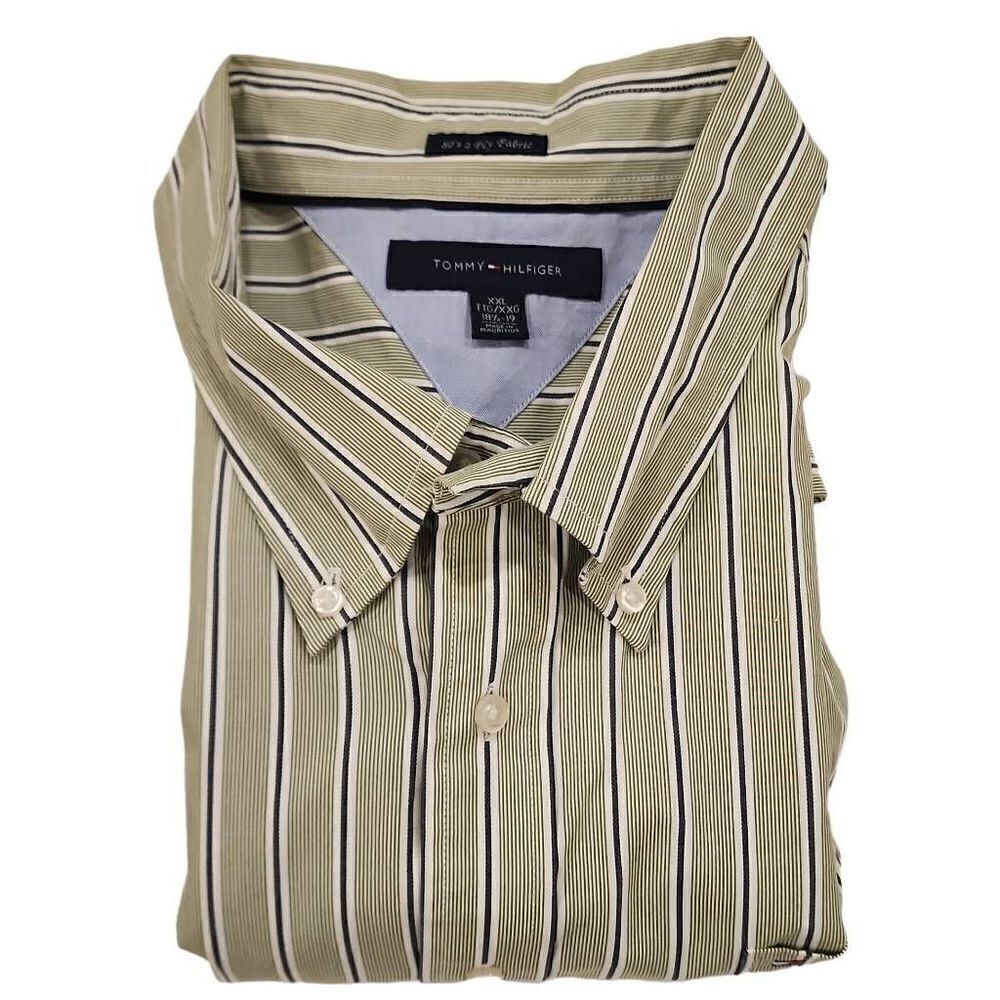 Tommy Hilfiger Men's Green Striped 80's‎ 2 Ply Fabric Button Down Shirt Size XXL